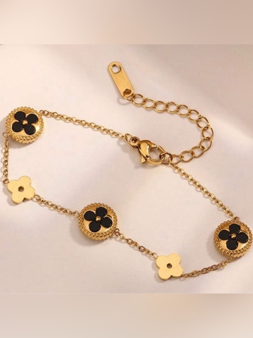 Gold Plated Stainless Steel Black Clover Bracelet